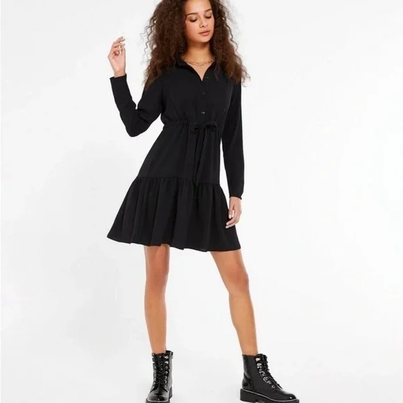Women’s Dresses | tie waist tiered shirt dress in black - Picture 3 of 9